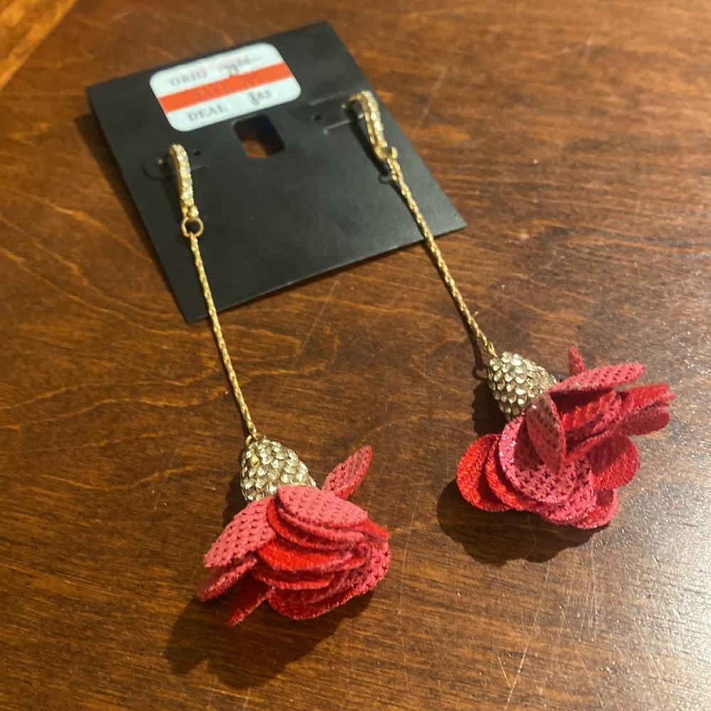 Dangling Pink Flower Earrings with Rhinestones (Read Description)